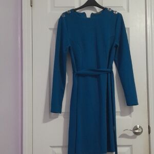 Teal Long-Sleeve Belted Dress with Shoulder Buttons